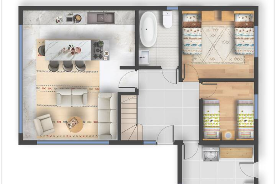 Ground-floor plan of Castle Sunset showing the open-plan kitchen, living and dining area, a bathroom and two bedrooms