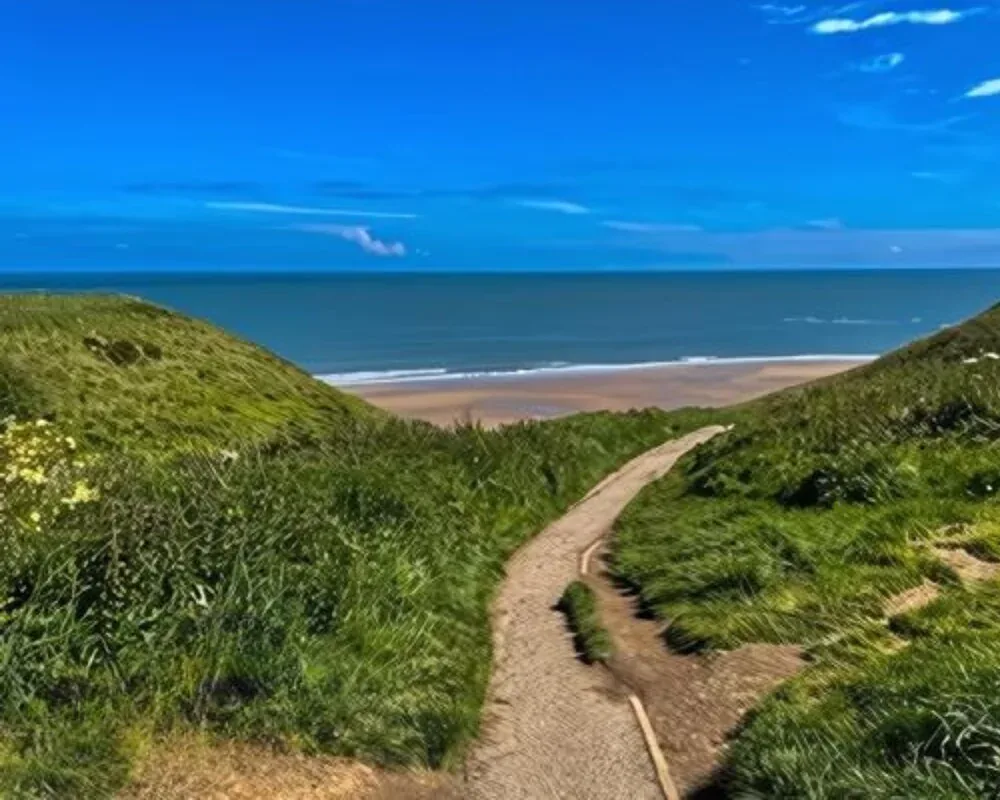 The cliff path from beside the house down to the sandy beach at Cayton Bay